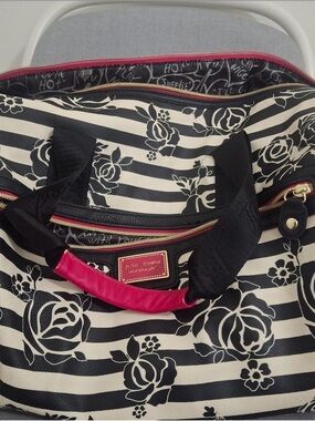 Betsey Johnson Black & White Floral Stripe Tote with Hot Pink Handle Accent